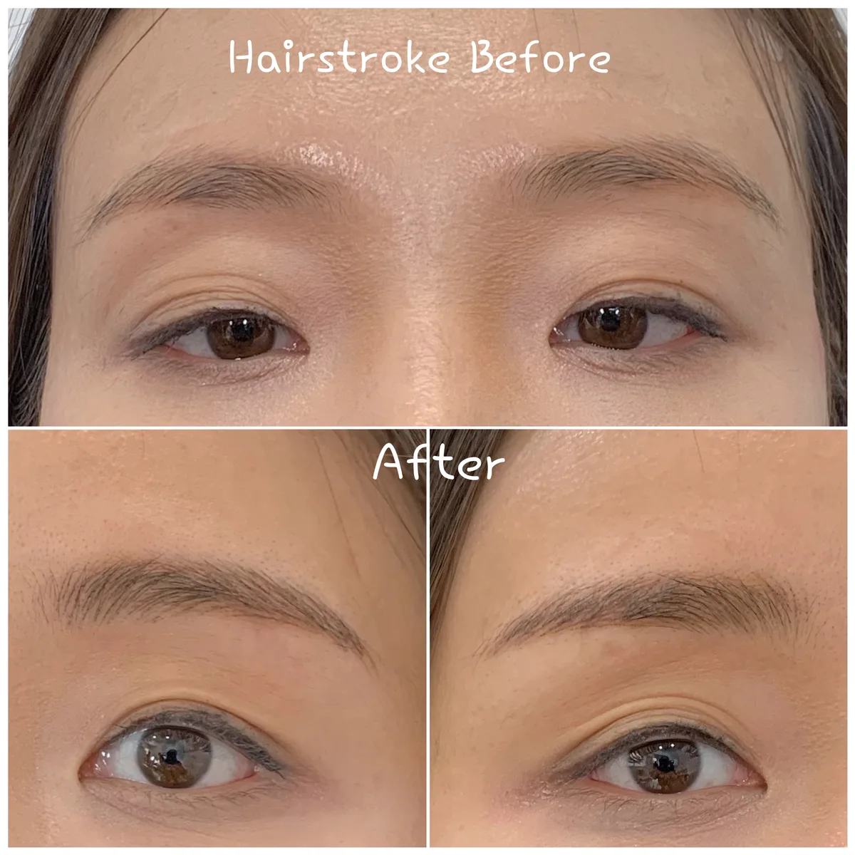 Hairstroke brow before and after — soft hair-strokes that mimic real brow hairs