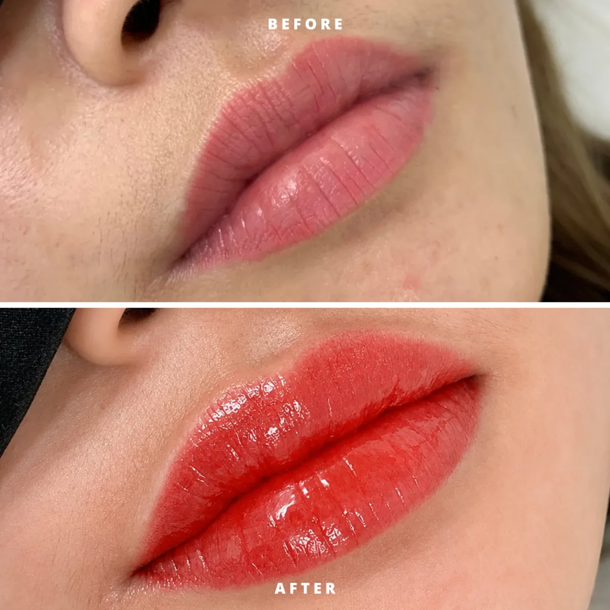 Lip blush before and after — semi-permanent color that flatters natural lip tone